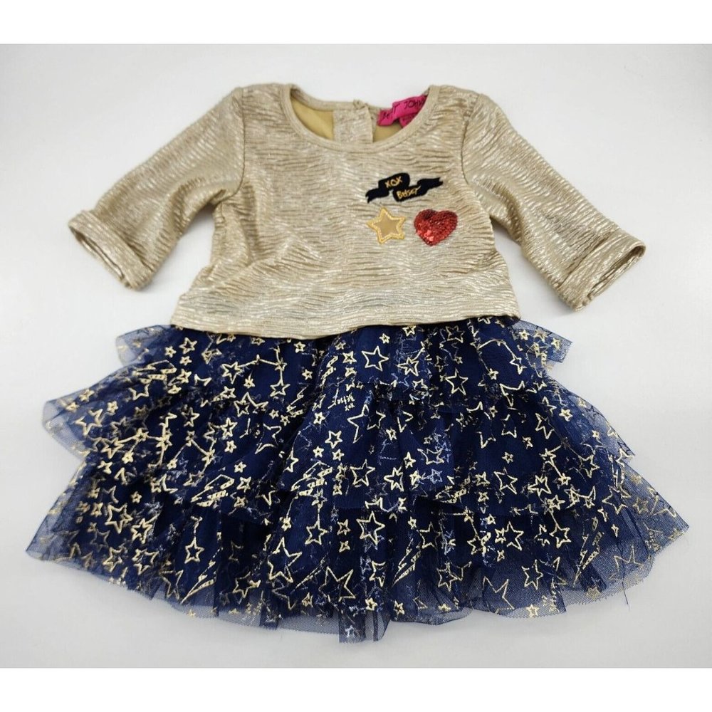 Betsey Johnson Baby Girls 3/4 Sleeve Tiered Dress Blue/Gold Size 12 Months
